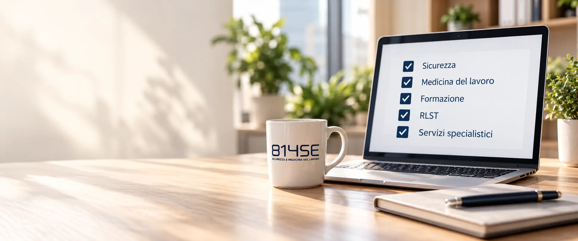 Scrivania 81HSE con portatile, checklist dei servizi e tazza con il logo
