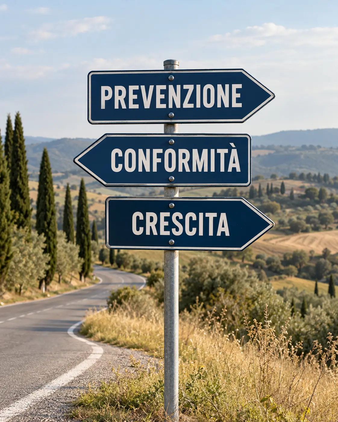 Tre cartelli indicano Prevenzione, Conformità e Crescita lungo una strada di campagna